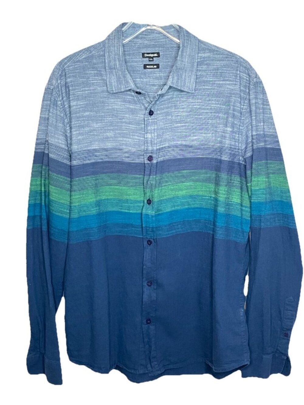 Desigual Mens Striped Button Up Shirt Cotton Sz XXL Blue Green Ombre Long Sleeve